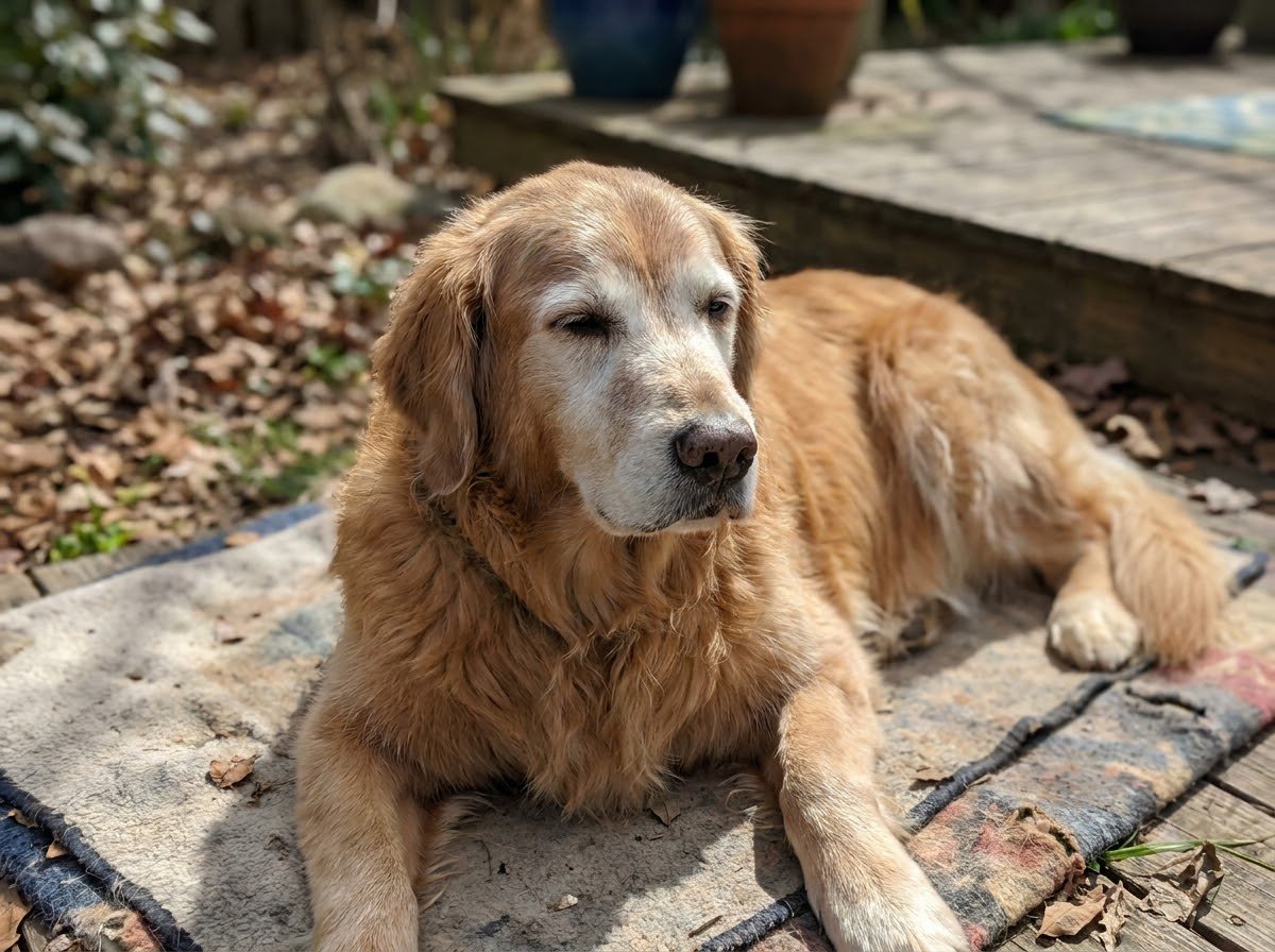 A Golden Retriever resting peacefully on a patio rug in dappled sunlight