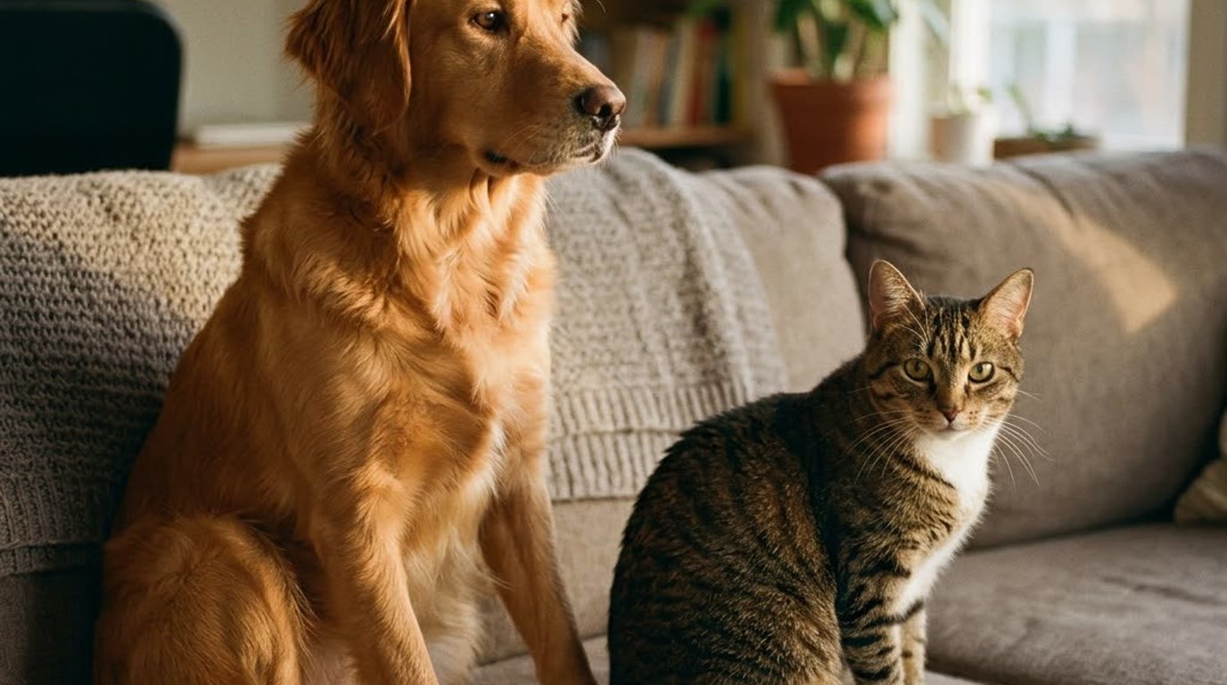 A dog and a cat sitting together calmly on a couch at home