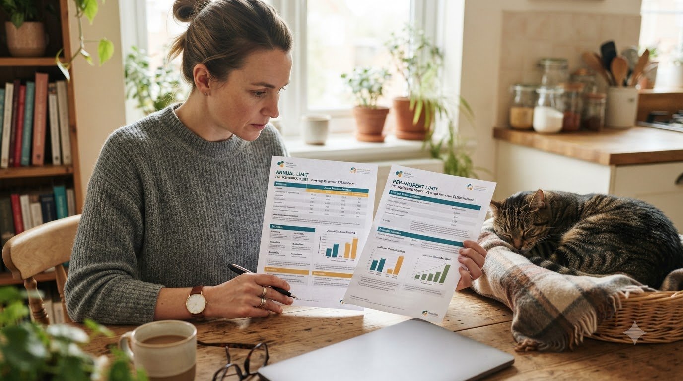 An owner comparing annual limit and per-incident pet insurance policy documents