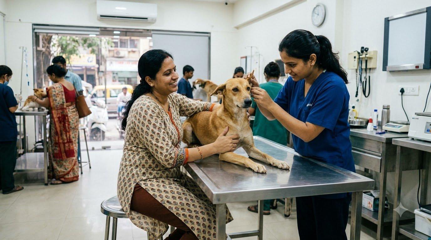 A pet owner at a clinic front desk reviewing paperwork