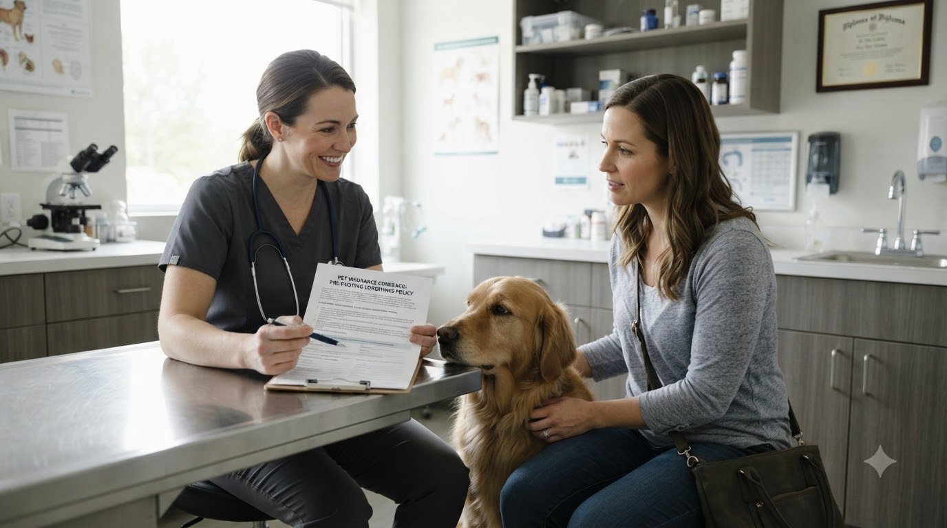 A veterinarian reviewing insurance and medical paperwork