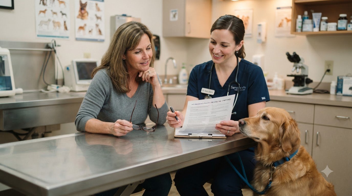 A veterinarian discussing paperwork details with a pet owner