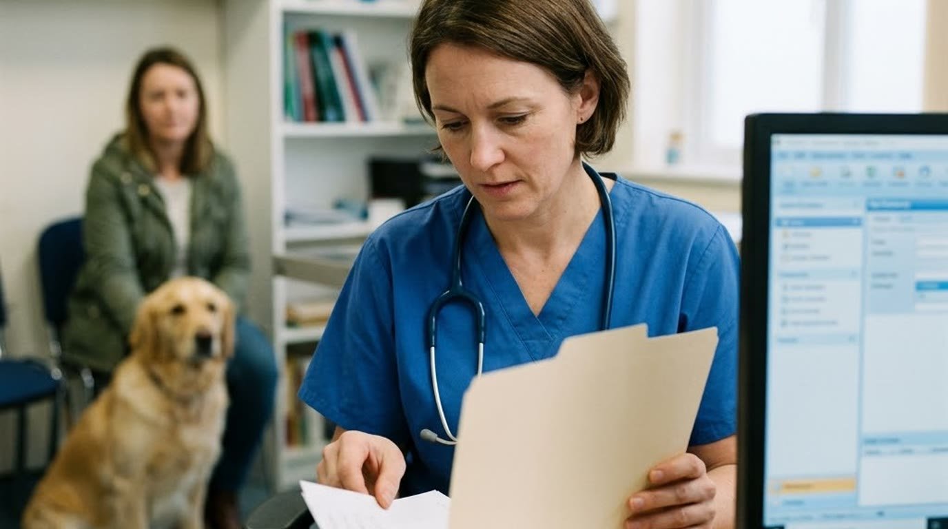 A veterinarian reviewing a patient folder at a clinic desk with a dog and owner nearby