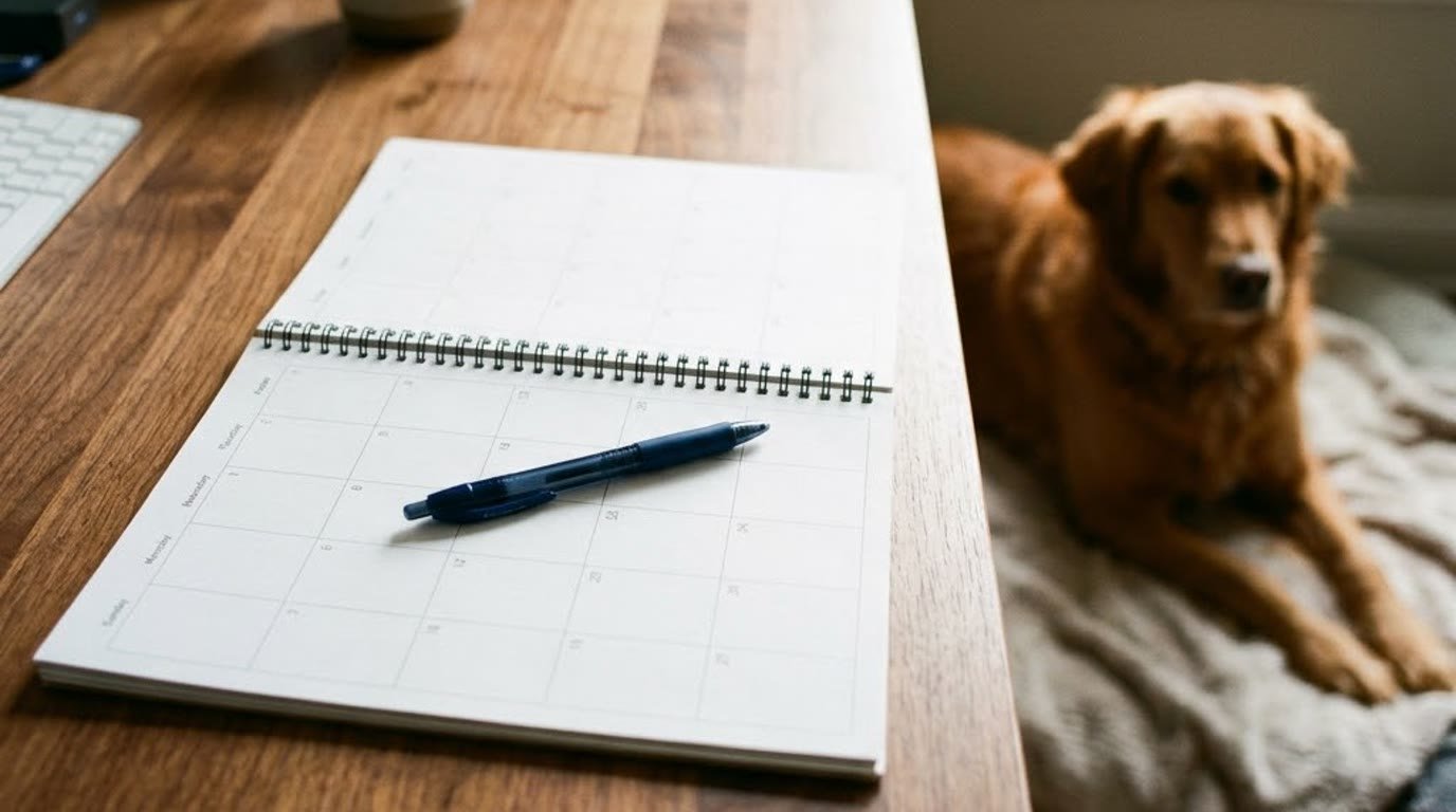 A calendar and pen on a home desk with a dog resting nearby