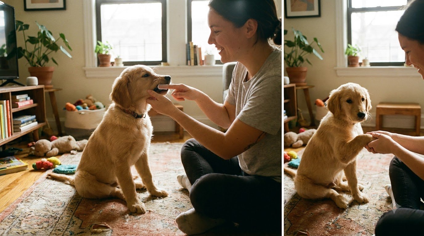A young puppy during a training and handling session