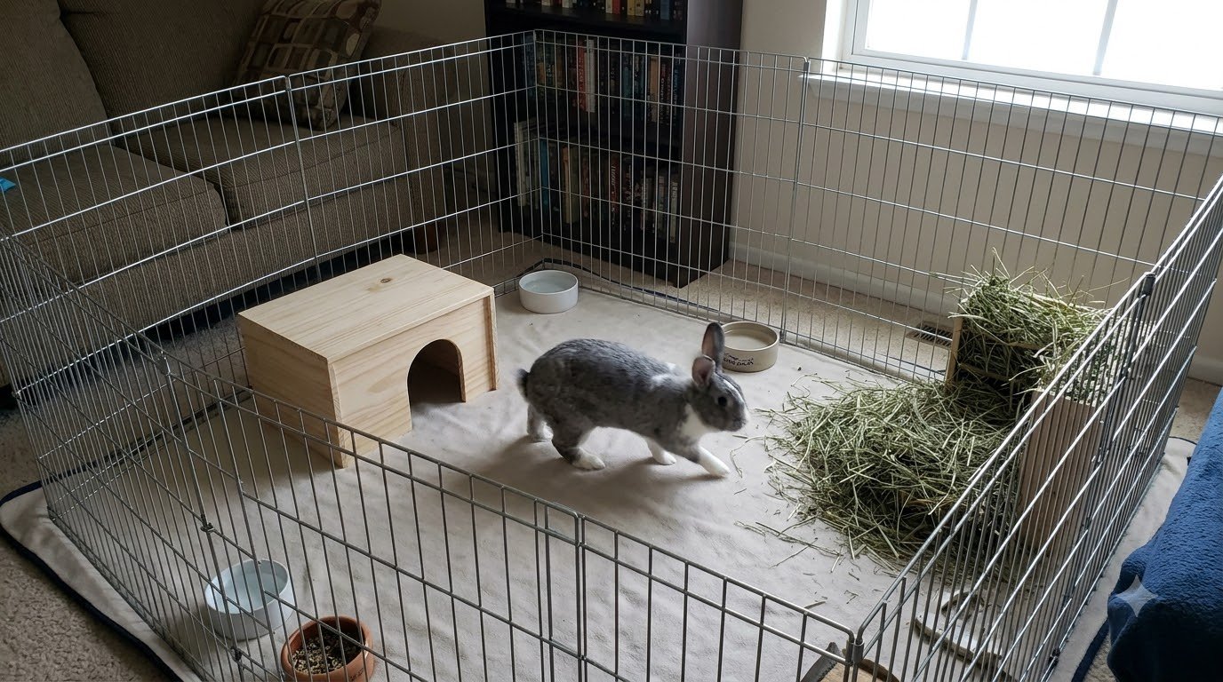 A rabbit inside a spacious indoor exercise pen