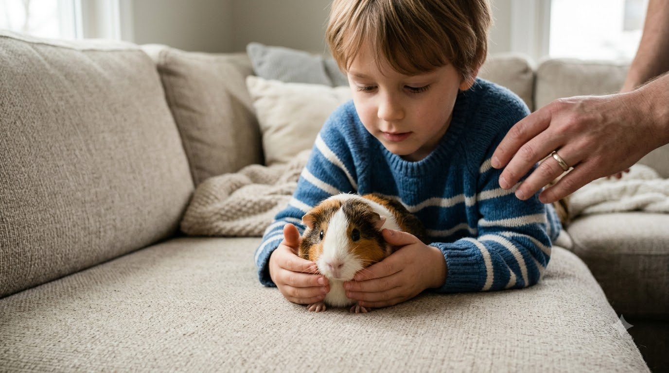 A child gently holding a guinea pig