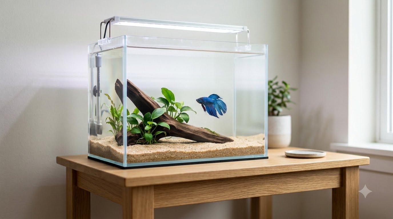 A betta fish in a small freshwater aquarium