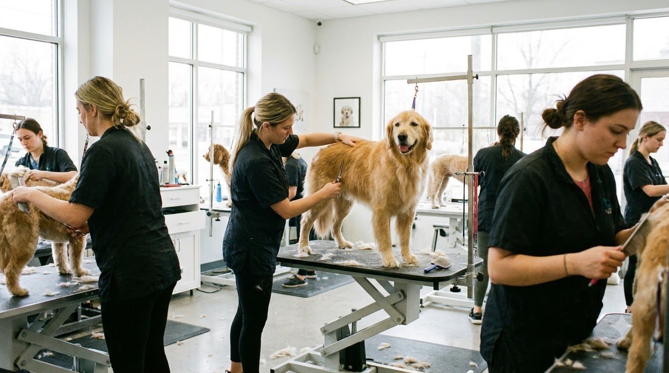 A dog being professionally groomed at a salon