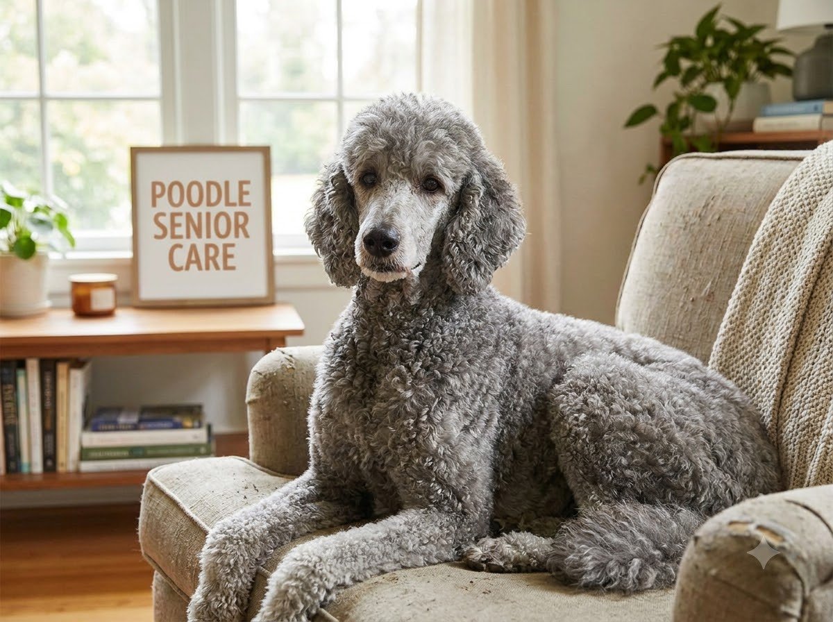 A well-groomed Poodle sitting calmly indoors