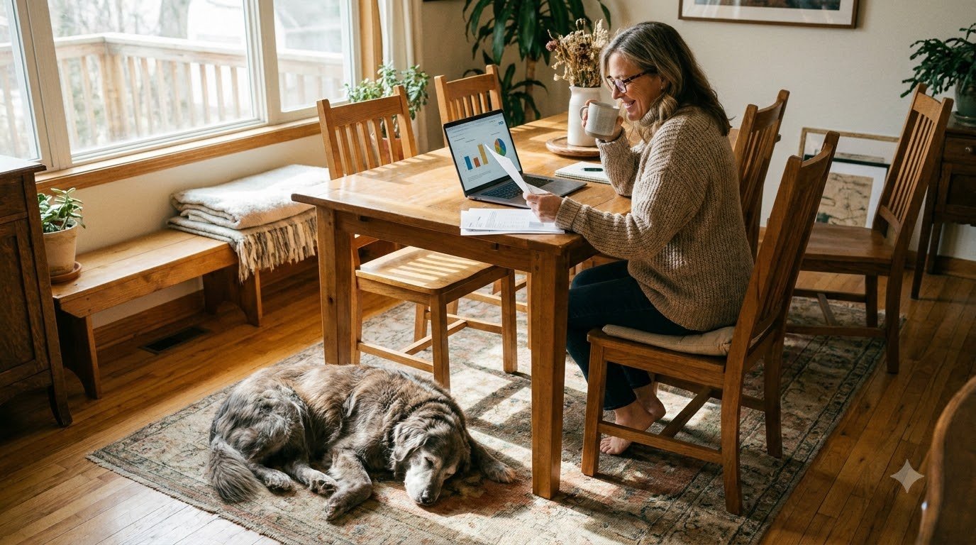 Pet parent reviewing insurance paperwork with a dog nearby