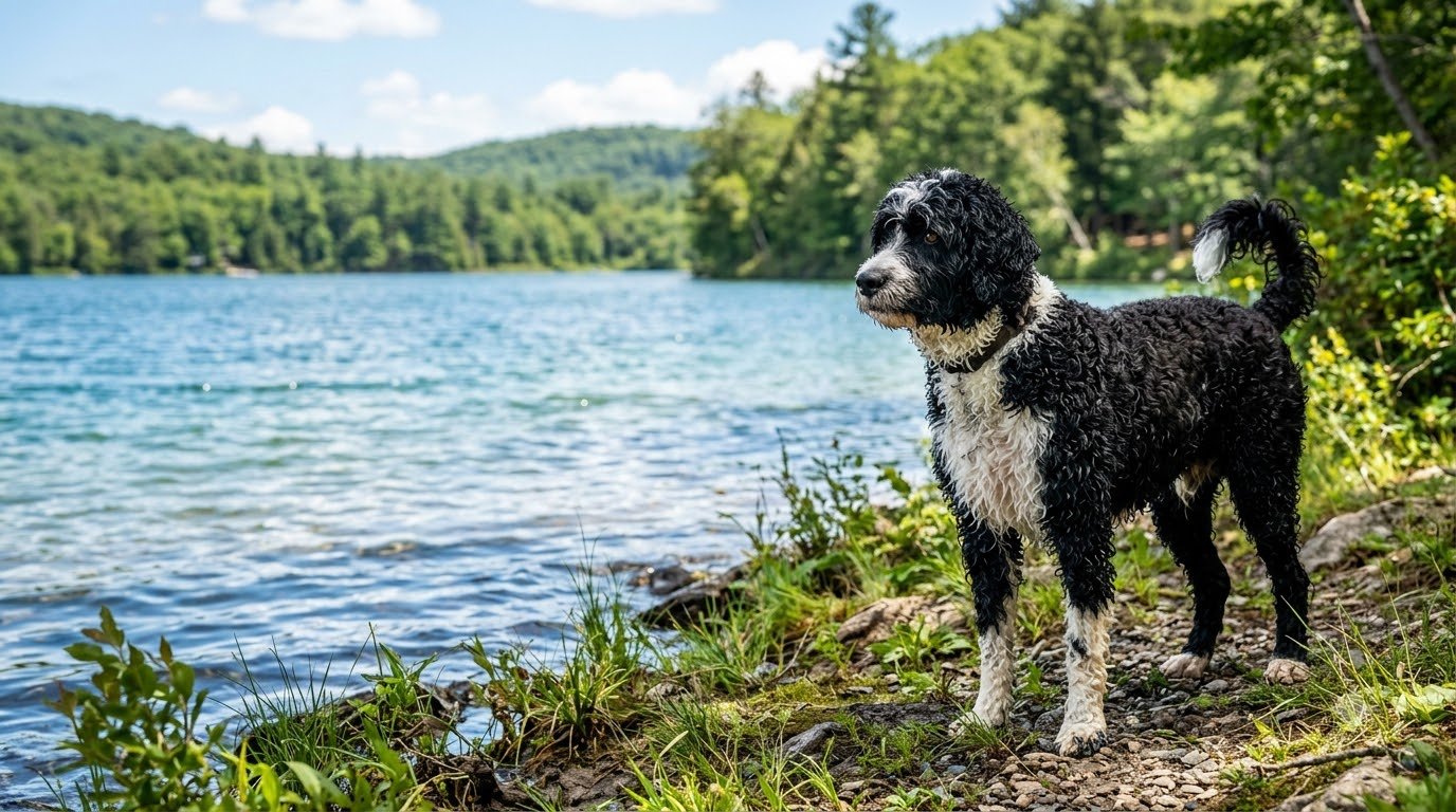 A Portuguese Water Dog with a curly black-and-white coat standing near water outdoors