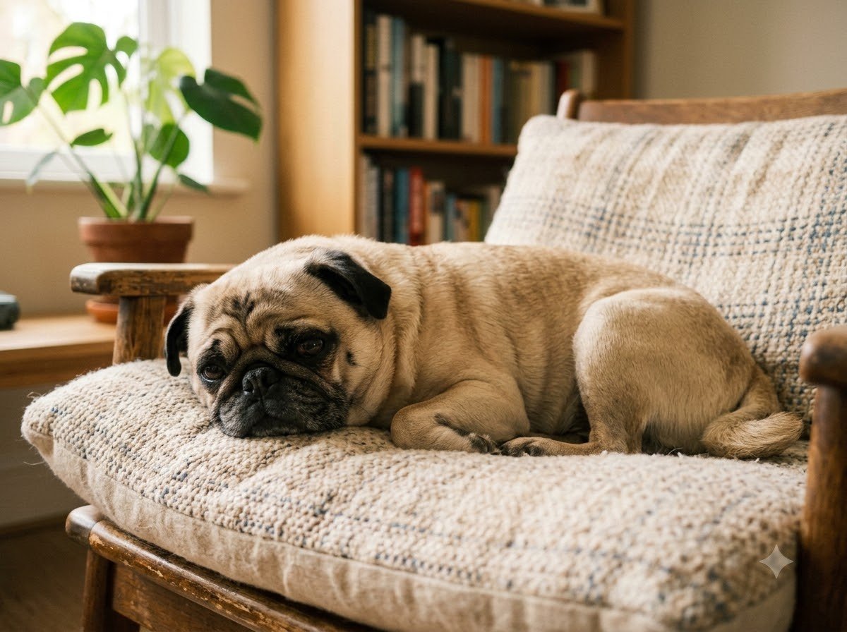 A Pug resting on a cushion indoors