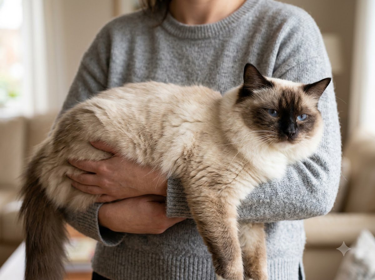 A Ragdoll cat held relaxed and limp indoors