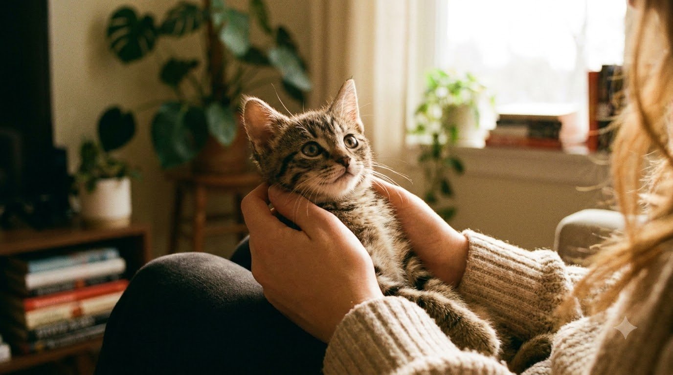 A person gently holding a calm cat