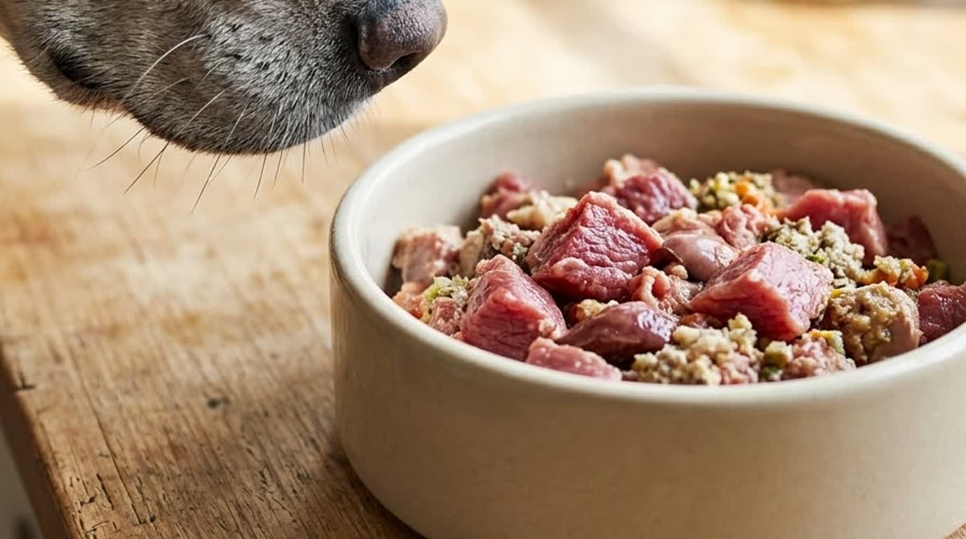 A bowl of raw dog food being prepared in a home kitchen