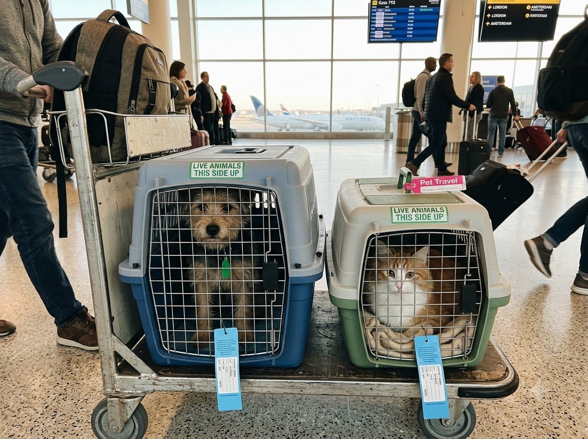 A dog and a cat each in separate travel carriers