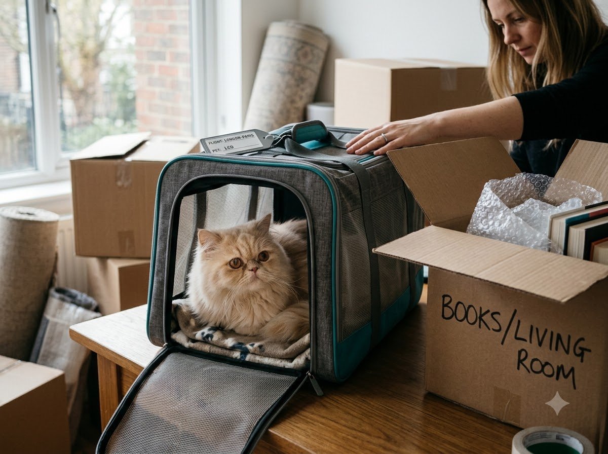 A Persian cat inside a travel carrier