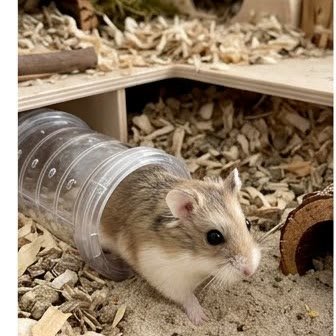 A Roborovski dwarf hamster exploring a tunnel