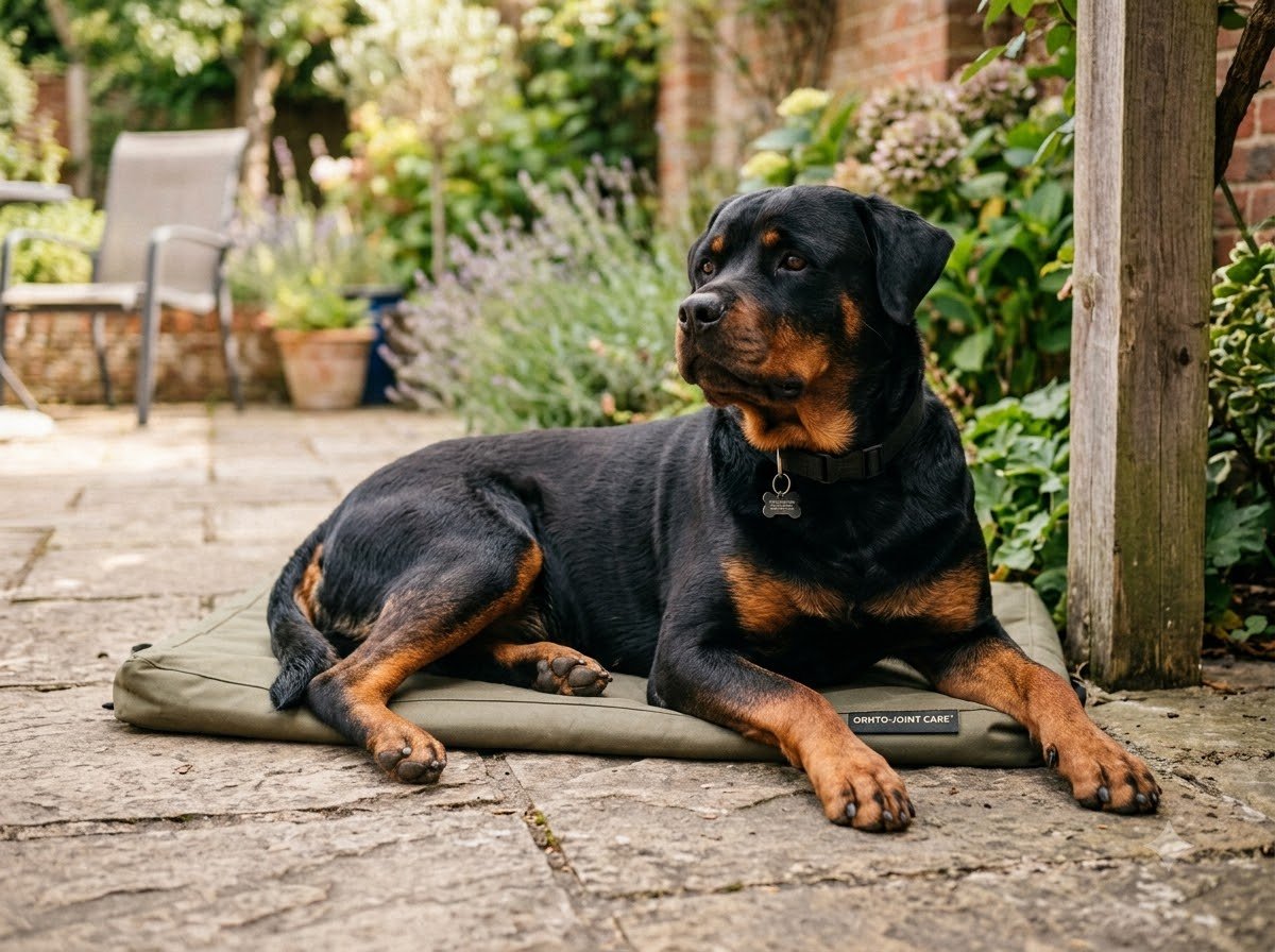 A Rottweiler lying down calmly at home
