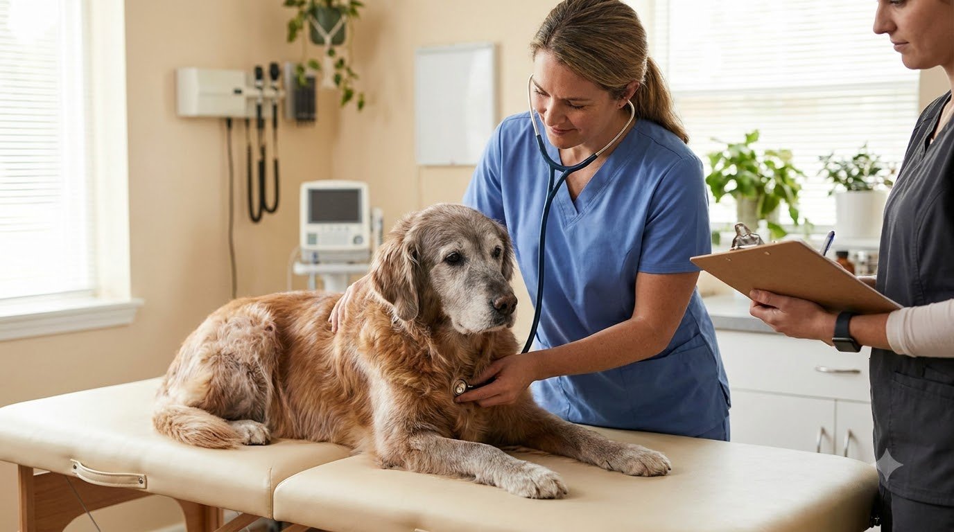 A veterinarian examining a dog