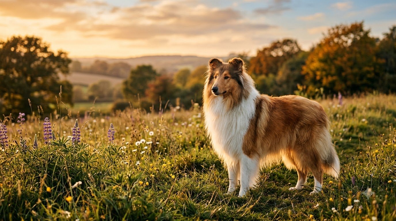 A Rough Collie with a sable-and-white long coat standing outdoors in a field