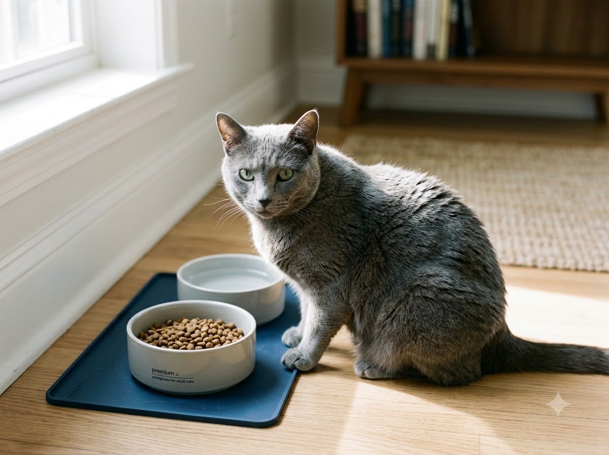 A Russian Blue cat eating from a bowl indoors