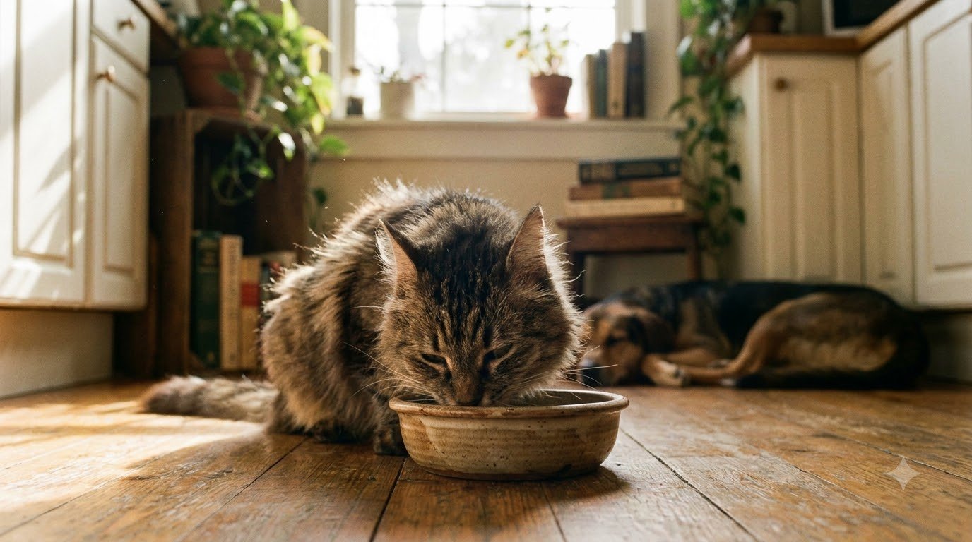 A cat eating from a bowl at home