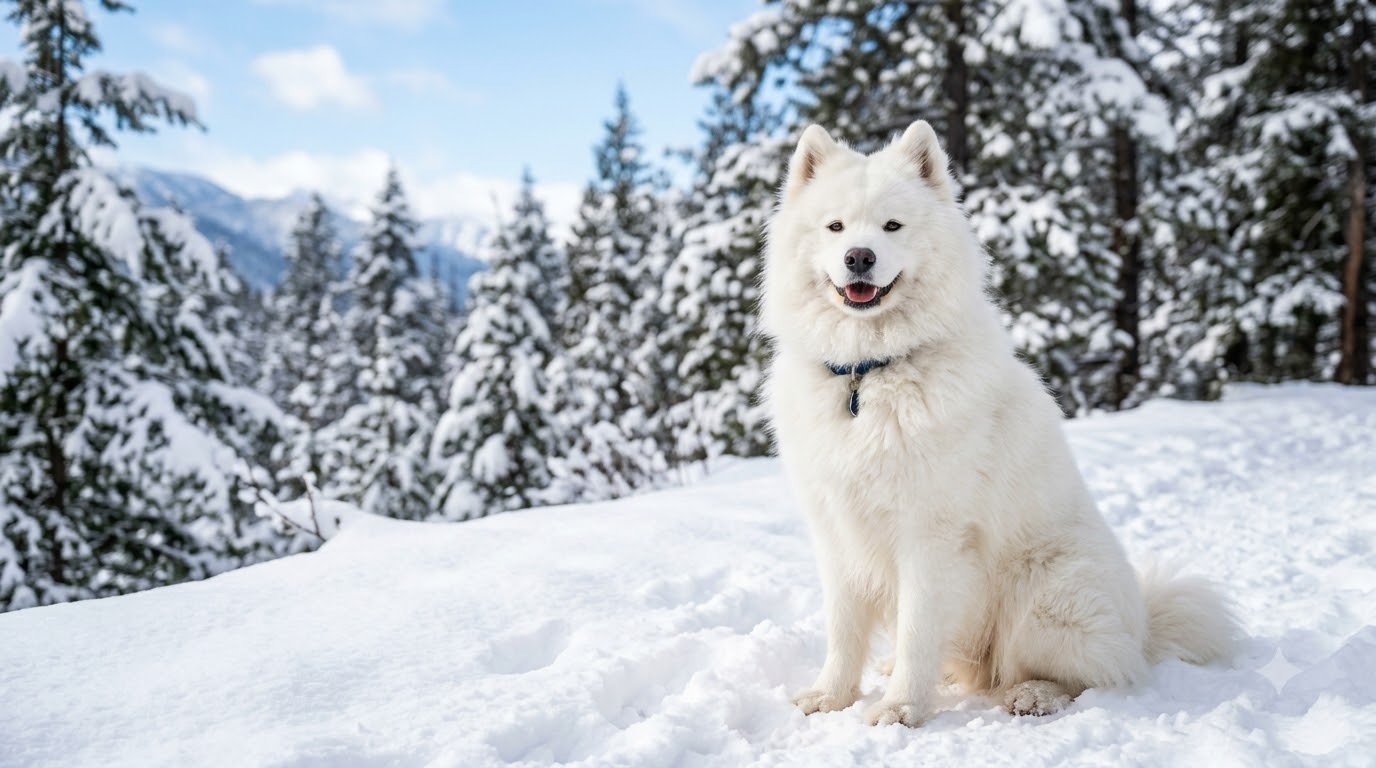 A Samoyed with a brilliant white fluffy coat sitting outdoors in a snowy setting