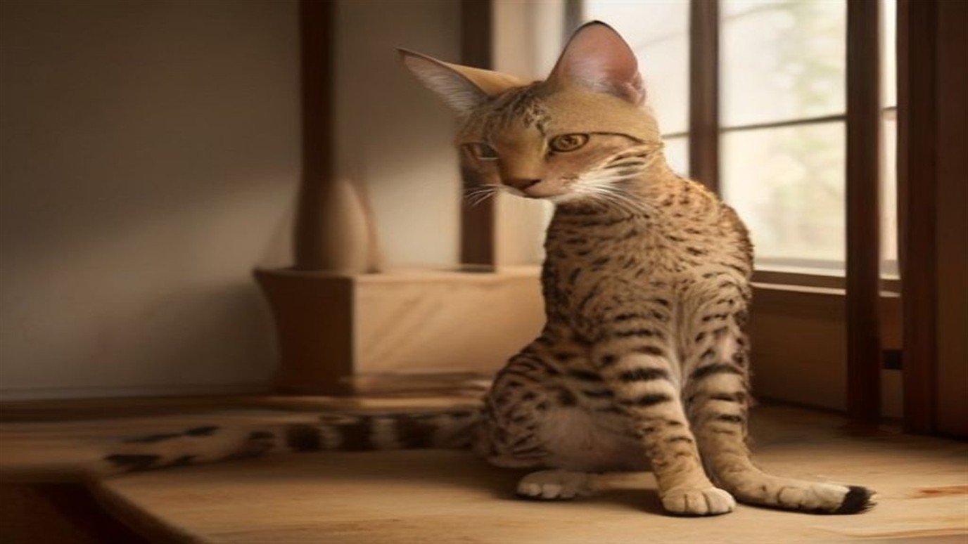 A Savannah cat with a golden spotted coat sitting indoors