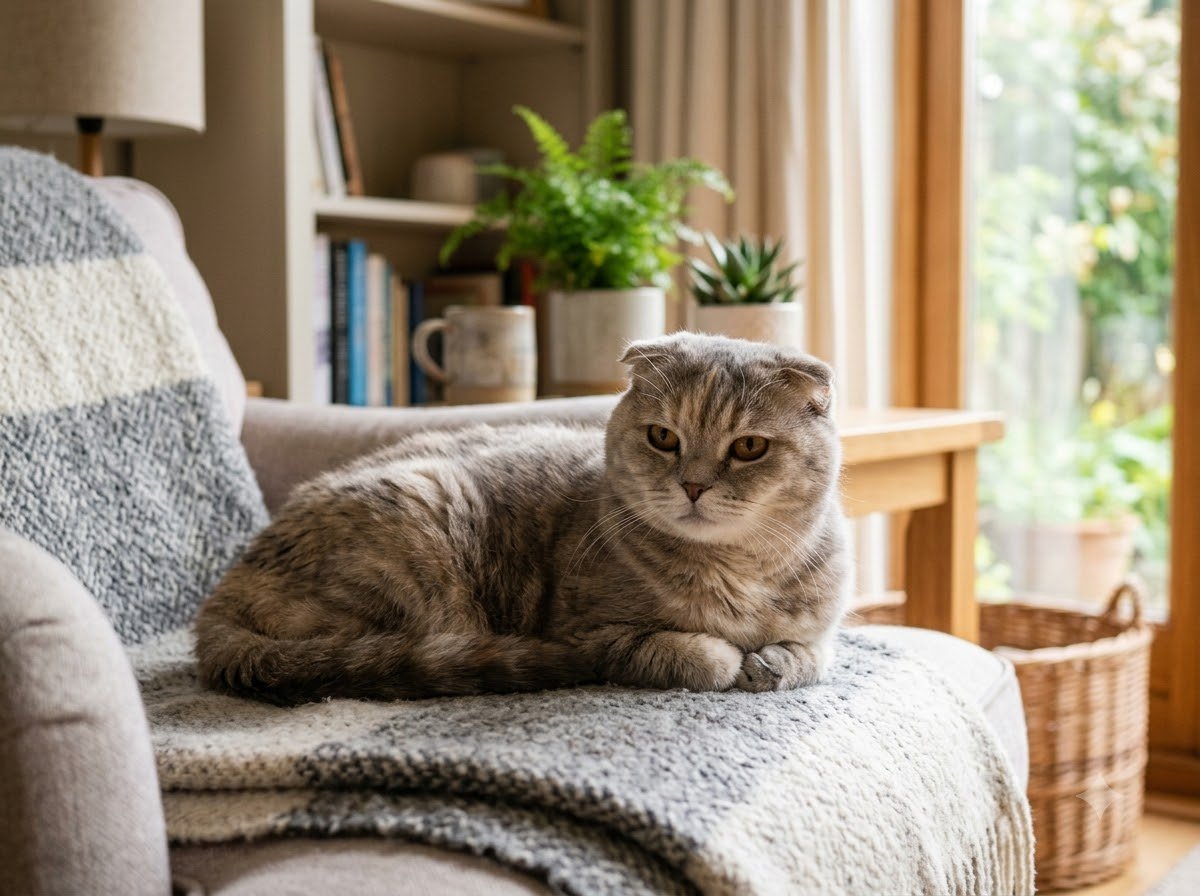A Scottish Fold cat sitting calmly indoors