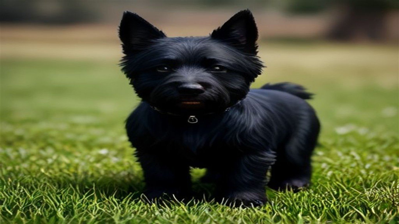 A Scottish Terrier with a wiry black coat standing alert outdoors