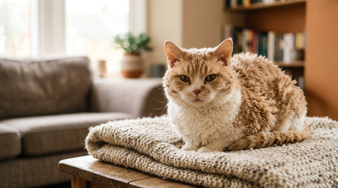 A Selkirk Rex cat with a curly plush coat sitting indoors