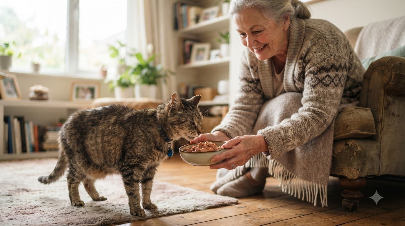 An owner feeding a senior cat wet food from a bowl