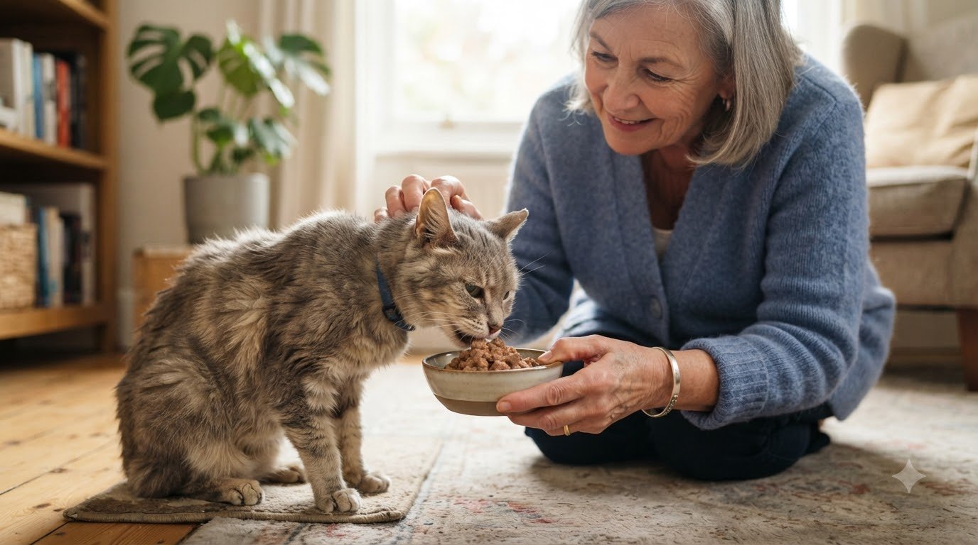 An owner offering food to a senior cat at home
