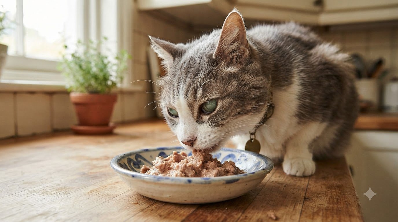 A senior cat eating wet food from a bowl