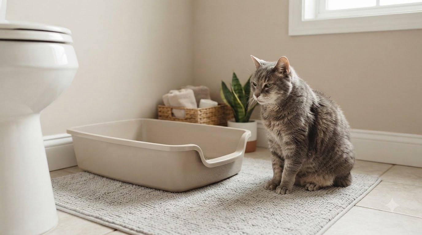 A senior cat sitting beside its litter box