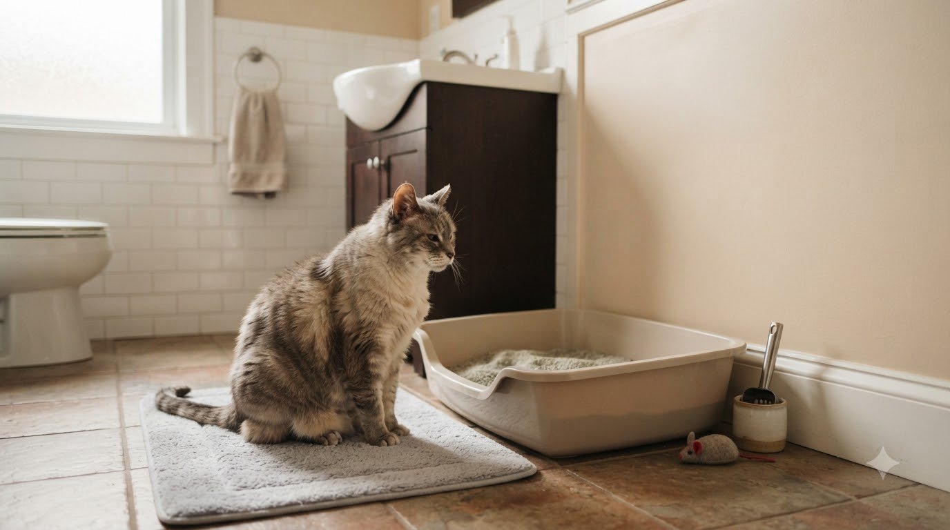 A senior cat near a low-entry litter box
