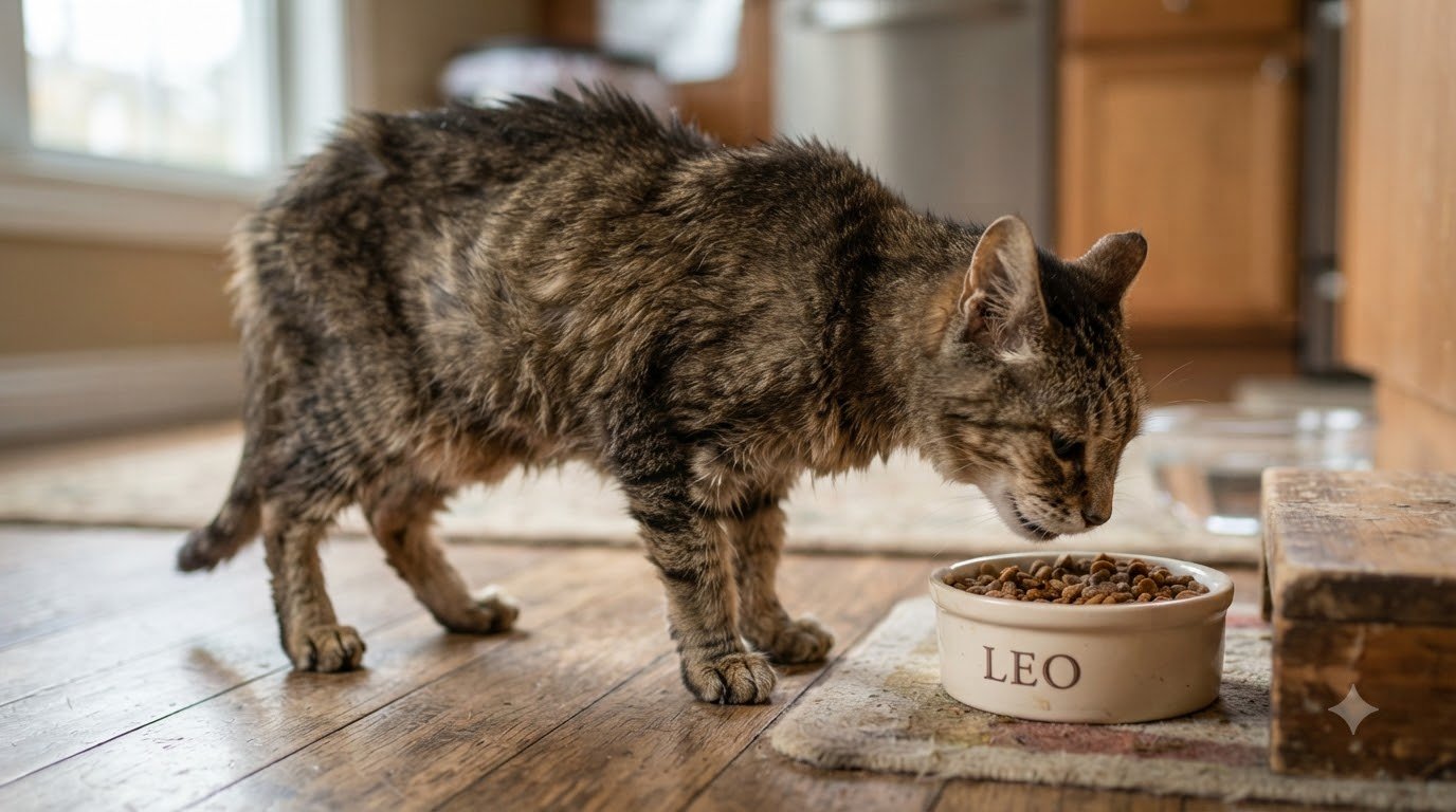 A slender senior cat eating from a food bowl indoors