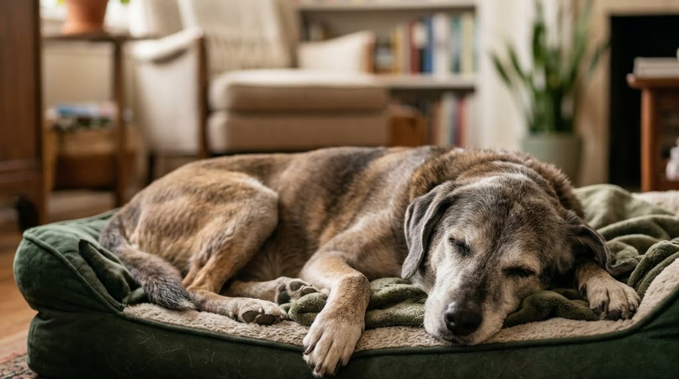 A senior dog resting peacefully on a dog bed at home