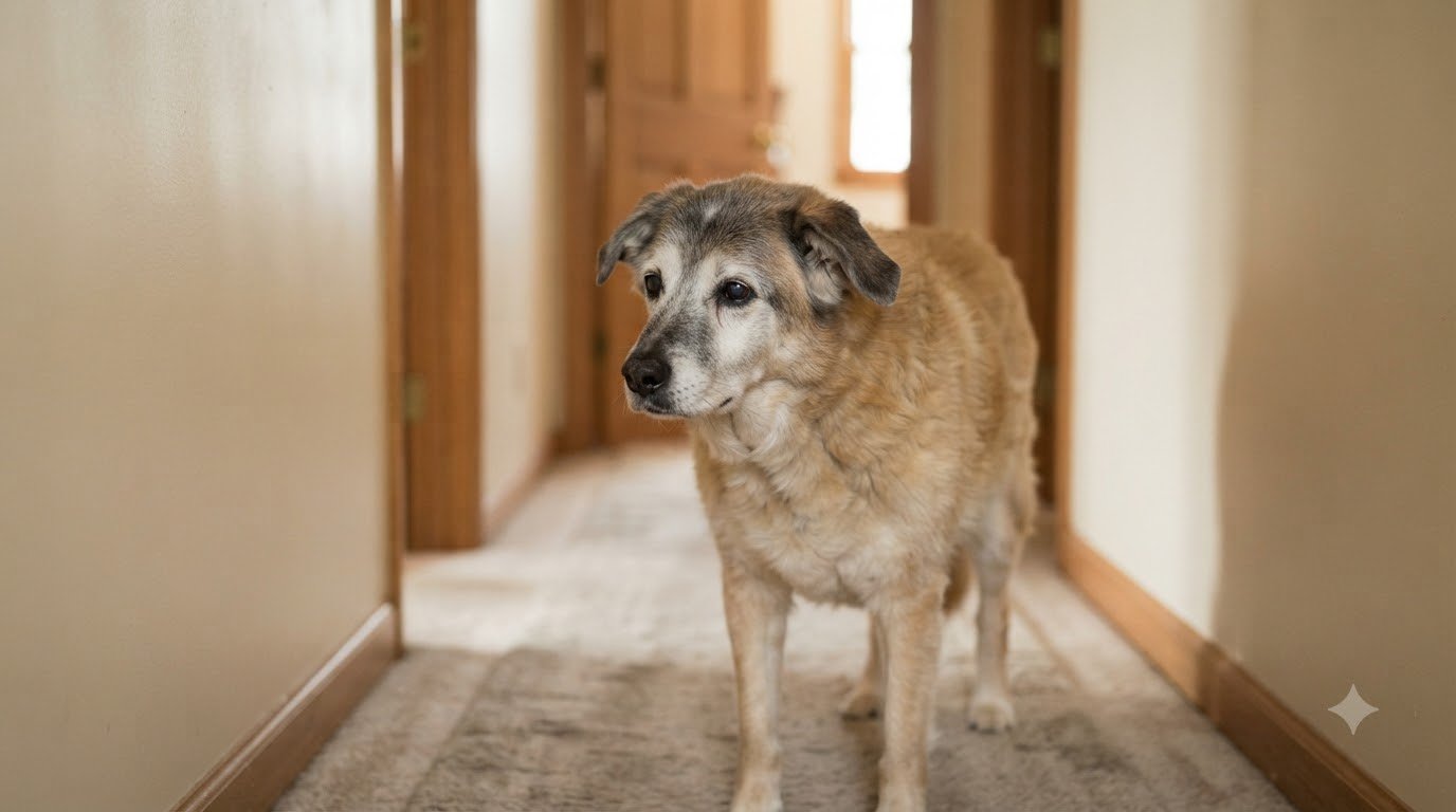A gray-muzzled senior dog standing in a hallway with a thoughtful, quiet expression