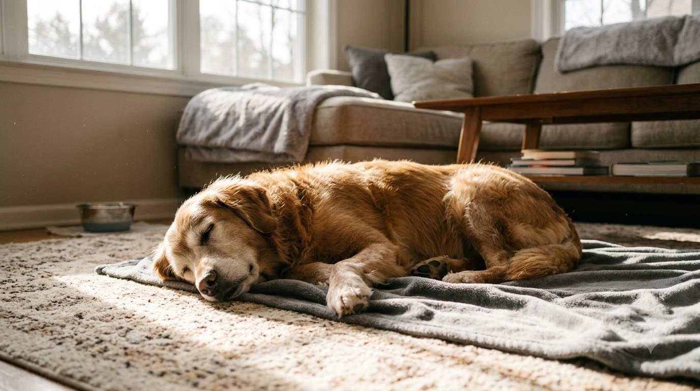 A senior dog resting peacefully at home