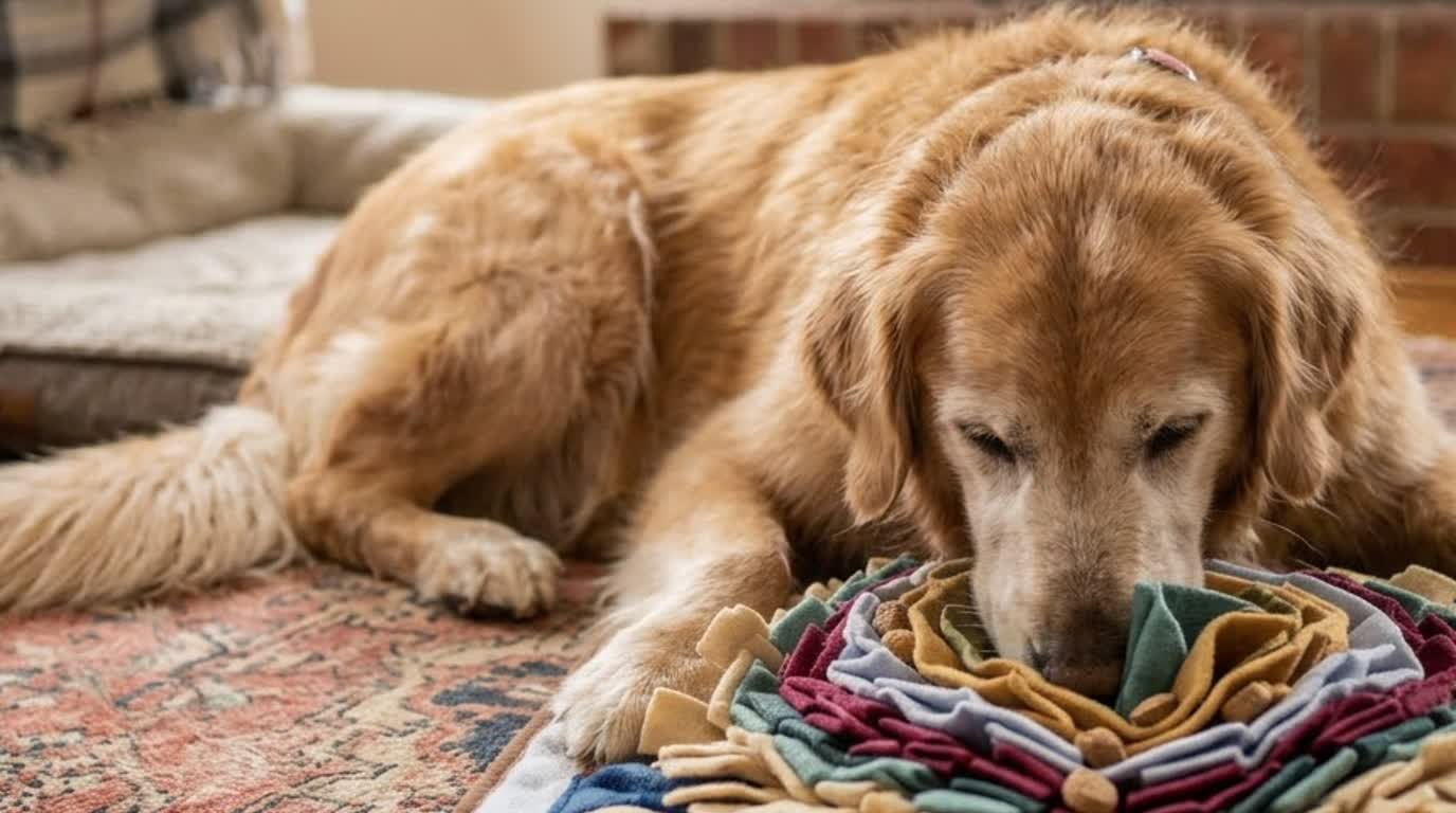 A senior dog engaged with a snuffle mat enrichment toy on the floor