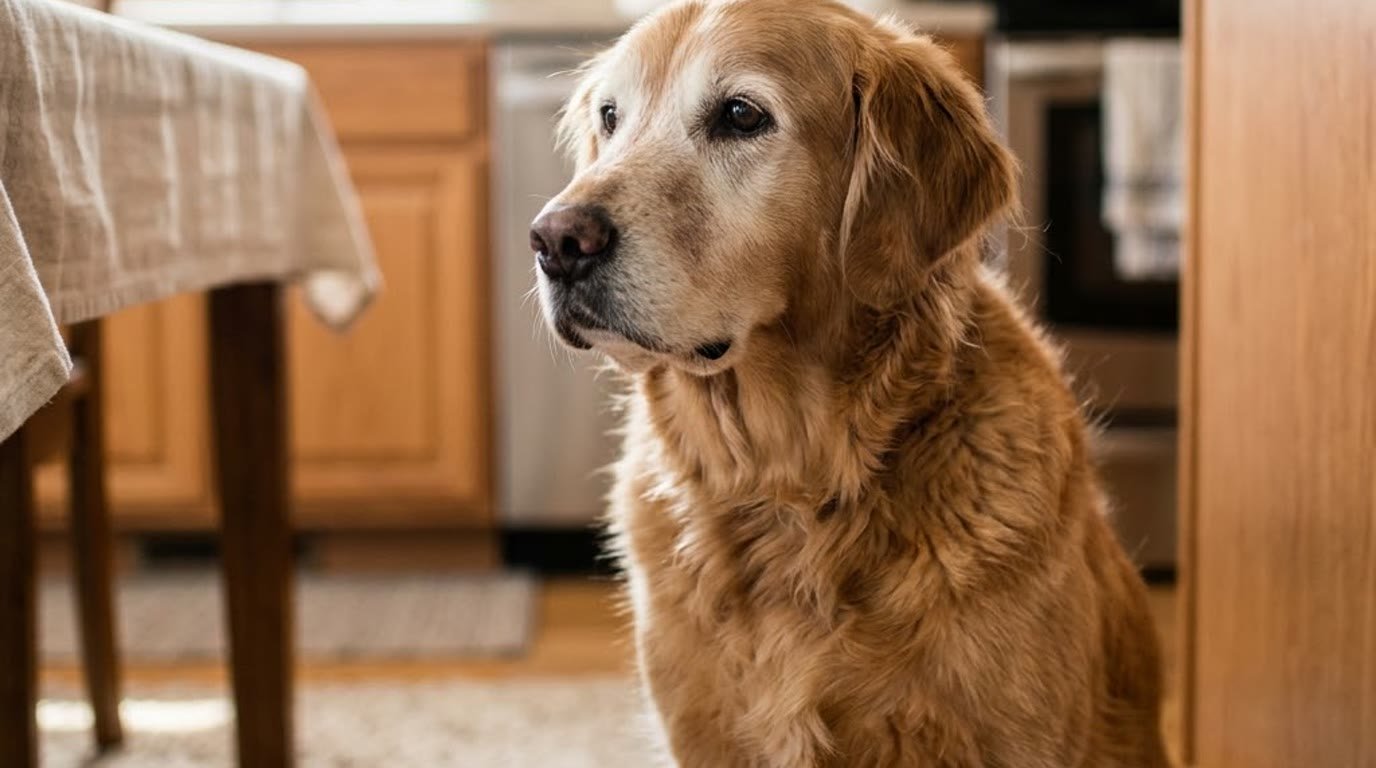 A senior Golden Retriever sitting attentively in a home kitchen