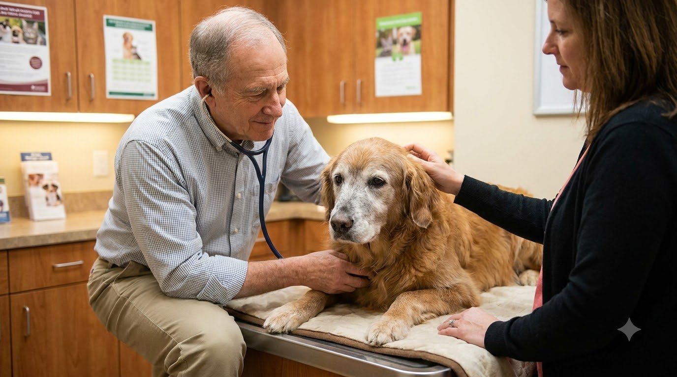 A veterinarian using a stethoscope to examine a senior Golden Retriever on an exam table