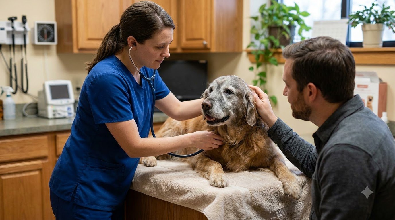 A veterinarian and dog owner examining a senior dog together in a veterinary clinic exam room