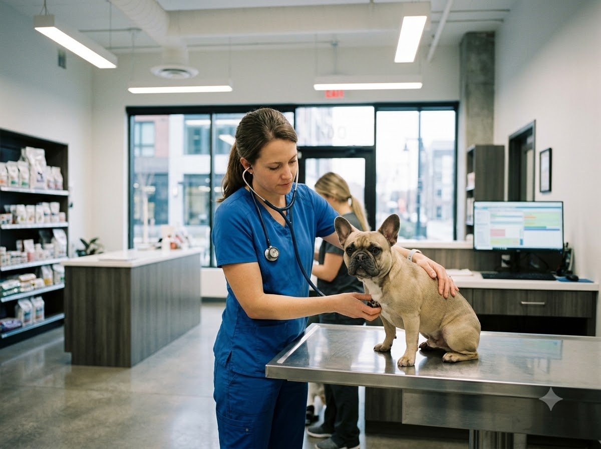 A veterinarian using a stethoscope to listen to a French Bulldog's heart during a clinic exam