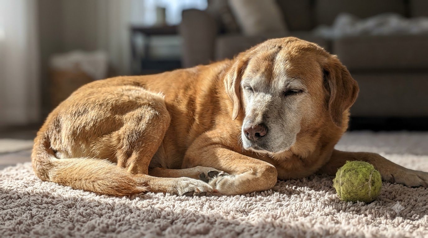 A senior dog resting peacefully at home