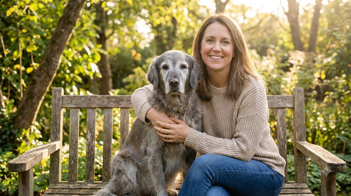 An owner sitting with a senior dog