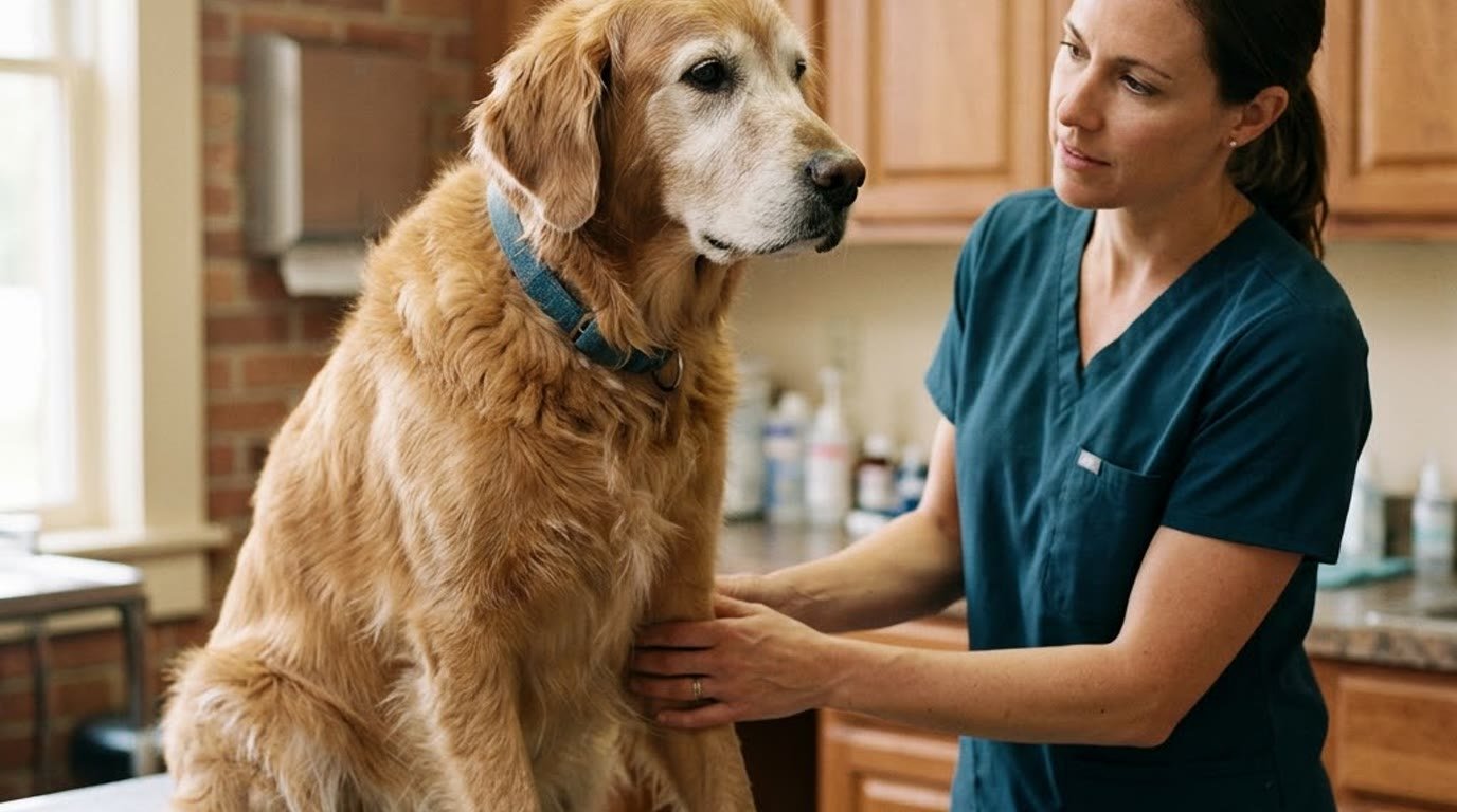 A veterinarian examining a senior Golden Retriever on an exam table